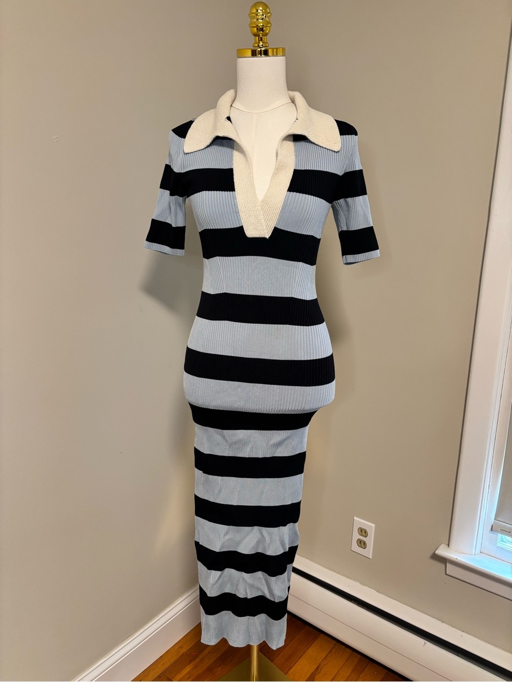 A.L.C. Striped Ribbed Knit Polo Maxi Dress Black Blue Cream M